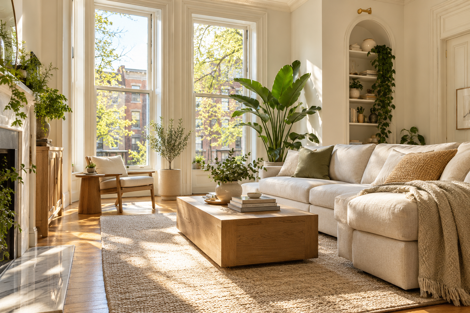A beautifully clean, sunlit living room with a linen sofa and green plants